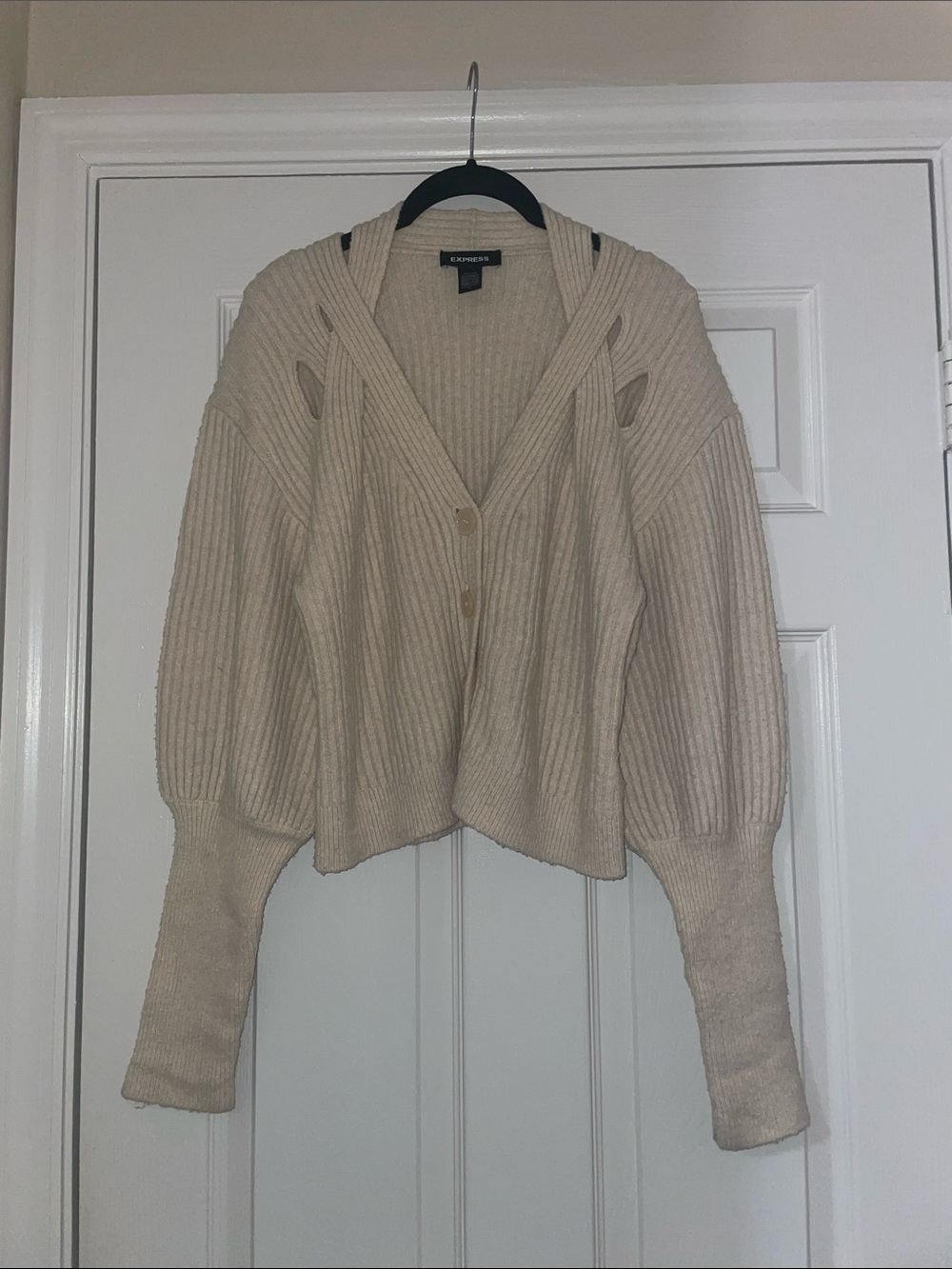 Express Beige Ribbed Cut-Out Button-Front Cardigan
